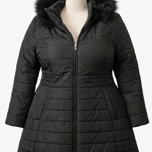 Maralyn & Me Blk Puffer Jacket Faux Fur Trim Hooded Sz 3X Gothic Boho Y2k Cott